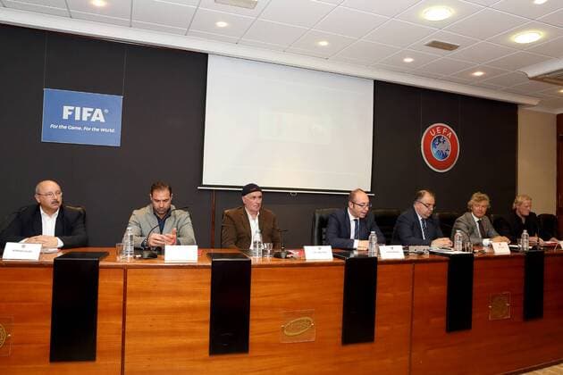 Centenary Hall, Centenary Stadium, Ta Qali, Malta 01 04 2016 The panel of speakers during the Malta Football Association press conference PK Pressekonferenz in relation to the forthcoming football International Friendly Länderspiel match between Italy and Scotland to be played at the National Stadium in Malta on May 29th, 2016. Italy v Scotland International Football Friendly Match on 29 05 2016 in Malta ITA_SCO_05_2016