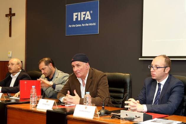 Centenary Hall, Centenary Stadium, Ta Qali, Malta 01 04 2016 Stefano Pucci director of San Marco Events S.R.L. (second right) speaks during the Malta Football Association press conference PK Pressekonferenz in relation to the forthcoming football International Friendly Länderspiel match between Italy and Scotland to be played at the National Stadium in Malta on May 29th, 2016. Centenary Hall, Centenary Stadium, Ta Qali, Malta 01 04 2016 during the Malta Football Association Press Conference in relation to the forthcoming football international friendly match between Italy and Scotland to be played at the National Stadium in Malta on May 29th, 2016. Italy v Scotland International Football Friendly Match on 29 05 2016 in Malta ITA_SCO_05_2016