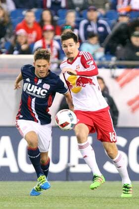 April 1, 2016; Foxborough, MA, USA; New England Revolution defender Chris Tierney (8) and New York Red Bulls midfielder Sacha Kljestan (16) in action during the first half of an MLS Fussball Herren USA game between the New England Revolution and New York Red Bulls at Gillette Stadium. New England won 1-0. MLS 2016: Red Bulls vs Revolution APR 01 - ZUMAc04_
