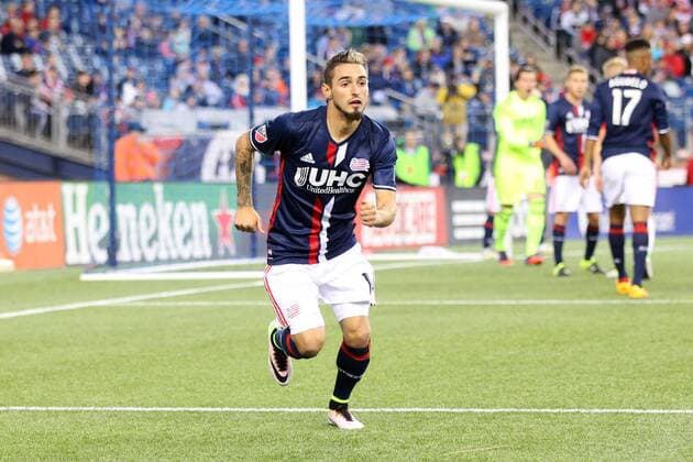 April 1, 2016; Foxborough, MA, USA; New England Revolution forward Diego Fagundez (14) in action during the first half of an MLS Fussball Herren USA game between the New England Revolution and New York Red Bulls at Gillette Stadium. New England won 1-0. MLS 2016: Red Bulls vs Revolution APR 01 - ZUMAc04_