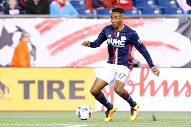 April 1, 2016; Foxborough, MA, USA; New England Revolution forward Juan Agudelo (17) in action during the second half of an MLS Fussball Herren USA game between the New England Revolution and New York Red Bulls at Gillette Stadium. New England won 1-0. MLS 2016: Red Bulls vs Revolution APR 01 - ZUMAc04_