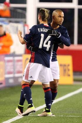 April 1, 2016; Foxborough, MA, USA; New England Revolution forward Charlie Davies (9) substitutes New England Revolution forward Diego Fagundez (14) during the second half of an MLS Fussball Herren USA game between the New England Revolution and New York Red Bulls at Gillette Stadium. New England won 1-0. MLS 2016: Red Bulls vs Revolution APR 01 - ZUMAc04_