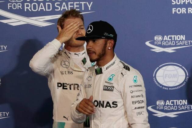 FORMULA 1 - Bahrain GP SAKHIR,BAHRAIN,02.APR.16 - MOTORSPORTS, FORMULA 1 - FIA World Championship WM Weltmeisterschaft Grand Prix of Bahrain, Bahrain International Circuit, practice and qualifying. Image shows Nico Rosberg (GER Mercedes GP) and Lewis Hamilton (GBR Mercedes GP). GEPAxpictures xFritzxMueller