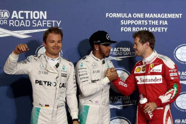 FORMULA 1 - Bahrain GP SAKHIR,BAHRAIN,02.APR.16 - MOTORSPORTS, FORMULA 1 - FIA World Championship WM Weltmeisterschaft Grand Prix of Bahrain, Bahrain International Circuit, practice and qualifying. Image shows Nico Rosberg (GER Mercedes GP), Lewis Hamilton (GBR Mercedes GP) and Sebastian Vettel (GER Ferrari). GEPAxpictures xFritzxMueller