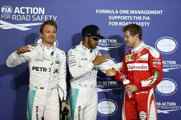 Bahrain Grand Prix, Sakhir 31 March - 03 April 2016 02.04.2016 - Qualifying, Lewis Hamilton (GBR) Mercedes AMG F1 W07 Hybrid pole position, 2nd position Nico Rosberg (GER) Mercedes AMG F1 W07 Hybrid and 3rd position Sebastian Vettel (GER) Scuderia Ferrari SF16-H 
