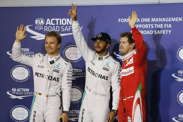 Motorsports: FIA Formula One World Championship WM Weltmeisterschaft 2016, Grand Prix of Bahrain, 6 Nico Rosberg (GER, Mercedes AMG Petronas Formula One Team), 44 Lewis Hamilton (GBR, Mercedes AMG Petronas Formula One Team), 5 Sebastian Vettel (GER, Scuderia Ferrari), xHOCHxZWEIx