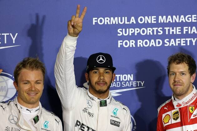 Bahrain Grand Prix, Sakhir 31 March - 03 April 2016 02.04.2016 - Qualifying, Lewis Hamilton (GBR) Mercedes AMG F1 W07 Hybrid pole position, 2nd position Nico Rosberg (GER) Mercedes AMG F1 W07 Hybrid and 3rd position Sebastian Vettel (GER) Scuderia Ferrari SF16-H 