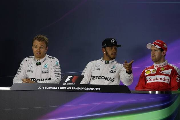 Bahrain Grand Prix, Sakhir 31 March - 03 April 2016 02.04.2016 - Qualifying, press conference PK Pressekonferenz Nico Rosberg (GER) Mercedes AMG F1 W07 Hybrid, Lewis Hamilton (GBR) Mercedes AMG F1 W07 Hybrid and Sebastian Vettel (GER) Scuderia Ferrari SF16-H 