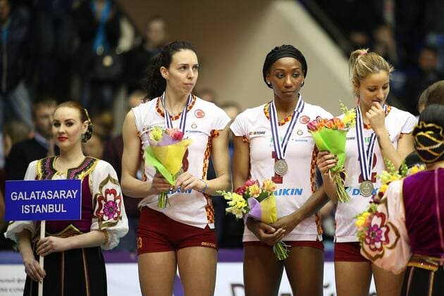 KRASNODAR, RUSSIA. APRIL 2, 2016. Silver medalists, Galatasaray s Nadia Centoni, Cursty Jackson and Ezgy Guc (L-R) during an awards ceremony following the 2015 16 Season CEV Women s Volleyball Cup Finals against Dinamo Krasnodar at Olimp Sports Palace. Dinamo Krasnodar won the game 3:0. Vitaly Timkiv TASS  TS01E4E4