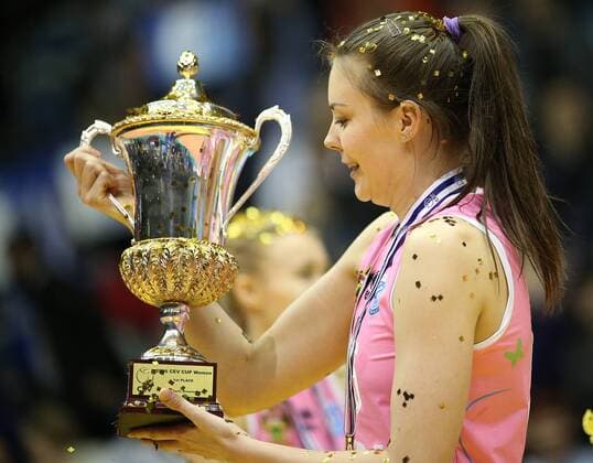 KRASNODAR, RUSSIA. APRIL 2, 2016. Dinamo s Alexandra Pasynkova holds a cup during an awards ceremony following the 2015 16 Season CEV Women s Volleyball Cup Finals against Galatasaray Istanbul at Olimp Sports Palace. Dinamo Krasnodar won the game 3:0. Vitaly Timkiv TASS  TS01E4FB