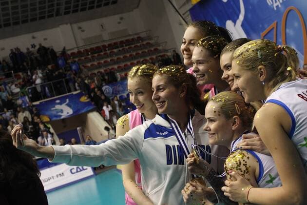 KRASNODAR, RUSSIA. APRIL 2, 2016. Dinamo s players take a selfie photograph as they celebrate winning the 2015 16 Season CEV Women s Volleyball Cup at Olimp Sports Palace. Dinamo Krasnodar won the game 3:0. Vitaly Timkiv TASS  TS01E4FD