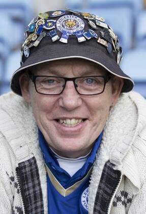 03.04.2016. King Power Stadium, Leicester, England. Barclays Premier League. Leicester versus Southampton. A Leicester City FC fan shows off his club hat with lots of Leicester City FC pin badges. xRolandxHarrisonx  ActionPlus11724659