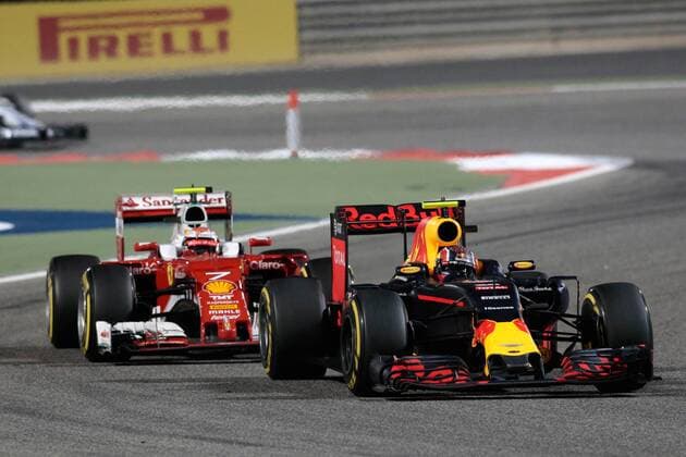 FORMULA 1 - Bahrain GP SAKHIR,BAHRAIN,03.APR.16 - MOTORSPORTS, FORMULA 1 - FIA World Championship WM Weltmeisterschaft Grand Prix of Bahrain, Bahrain International Circuit, award ceremony. Image shows Daniil Kvyat (RUS Red Bull Racing) and Kimi Raikkoenen (FIN Ferrari). GEPAxpictures xFritzxMueller