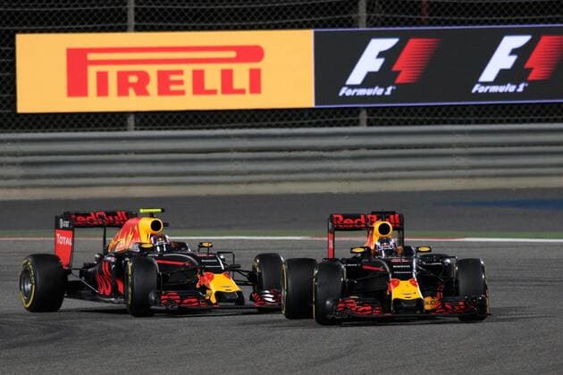 FORMULA 1 - Bahrain GP SAKHIR,BAHRAIN,03.APR.16 - MOTORSPORTS, FORMULA 1 - FIA World Championship WM Weltmeisterschaft Grand Prix of Bahrain, Bahrain International Circuit, award ceremony. Image shows Daniel Ricciardo (AUS Red Bull Racing) and Daniil Kvyat (RUS Red Bull Racing). GEPAxpictures xFritzxMueller