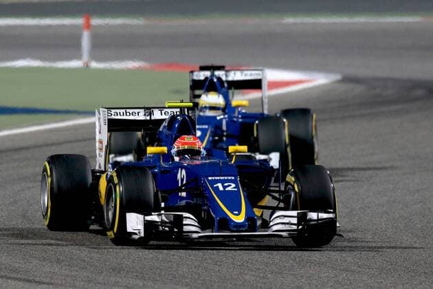 FORMULA 1 - Bahrain GP SAKHIR,BAHRAIN,03.APR.16 - MOTORSPORTS, FORMULA 1 - FIA World Championship WM Weltmeisterschaft Grand Prix of Bahrain, Bahrain International Circuit, award ceremony. Image shows Felipe Nasr (BRA Sauber) and Marcus Ericsson (SWE Sauber). GEPAxpictures xFritzxMueller