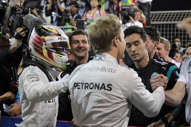Bahrain Grand Prix, Sakhir 31 March - 03 April 2016 03.04.2016 - Race, Nico Rosberg (GER) Mercedes AMG F1 W07 Hybrid race winner and 3rd position Lewis Hamilton (GBR) Mercedes AMG F1 W07 Hybrid 