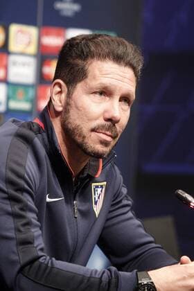 Atletico de Madrid s coach Diego Pablo Cholo Simeone in press conference PK Pressekonferenz before Champions League training session. April 4,2016.  (20160404101)