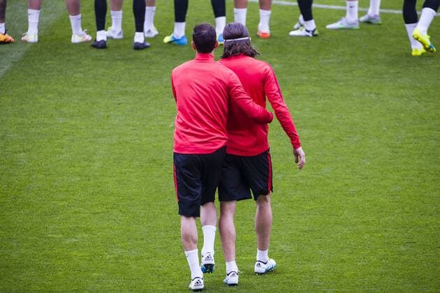 April 4, 2016 - Barcelona, Catalonia, Spain - Juanfran and Filipe Luis during the last training before the match between FC Barcelona Barca - Atletico de Madrid, for the round 1 4 leg 1st leg of the Champios League, played at Camp Nou Stadium on 4th Apr 2016 in Barcelona, Spain. Atletico de Madrid training session  - ZUMAn230