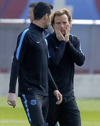 Sergio Busquets y Ivan Rakitic. FC Barcelona Barca training session. In this picture, Busquets and Rakitic. xFRANCESCxADELANTADOx 