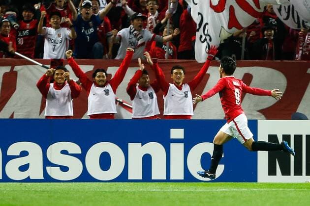 SAITAMA, JAPAN - APRIL 05: (CHINA OUT) Yuki Muto 9 of Urawa Red Diamonds celebrates after scoring a goal during the AFC Champions League Group H match between Urawa Red Diamonds and Guangzhou Evergrande at the Saitama Stadium on April 5, 2016 in Saitama, Japan.  CFP482263895 