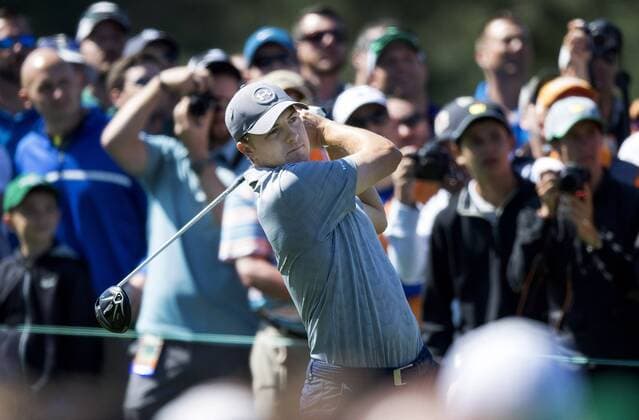 Jordan Spieth hits his 8th tee shot during a practice round before the 2016 Masters Tournament at Augusta National in Augusta, Georgia on April 5, 2016.  AUG20160405327 KEVINxDIETSCH
