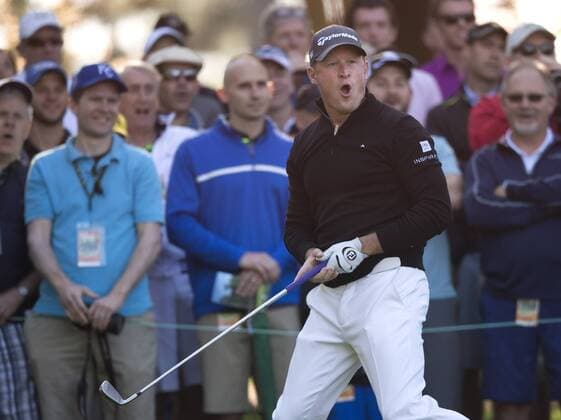 Jamie Donaldson reacts after hitting off of the 4th tee during a practice round before the 2016 Masters Tournament at Augusta National in Augusta, Georgia on April 5, 2016.  AUG20160405319 KEVINxDIETSCH