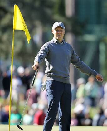 April 4, 2016 - Augusta, GA, USA - Masters defending champion Jordan Spieth is all smiles reacting to the crowd while putting on the third hole during his practice round for the Masters at Augusta National Golf Club on Tuesday, April 5, 2016, in Augusta, Ga. Masters practice - ZUMAm67_
