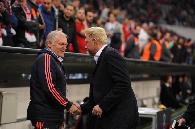 Muenchen Boris Becker begruesst Co-Trainer Hermann Gerland (FC Bayern Muenchen) , Bayern Muenchen - Benfica Lissabon, Fussball ,Champions League, Viertelfinale, 05.04.2016 , Copyright: Stuetzle xEibner-Pressefoto ep_wse