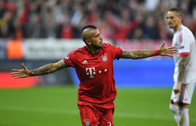 FUSSBALL CHAMPIONS LEAGUE SAISON 2015 2016 VIERTELFINALE HINSPIEL FC Bayern Muenchen - Benfica Lissabon 05.04.2016 Arturo Vidal (FC Bayern Muenchen) seinen Treffer zum 1:0 