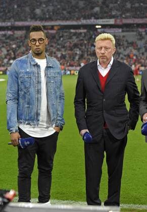 05.04.2016, Fussball Championsleague 2015 2016, Viertelfinale Hinspiel, FC Bayern München - Benfica Lissabon, in der Allianzarena München. v.li: Jerome Boateng (FC Bayern München) und Boris Becker bei Interview vor dem Spiel am Spielfeldrand. 