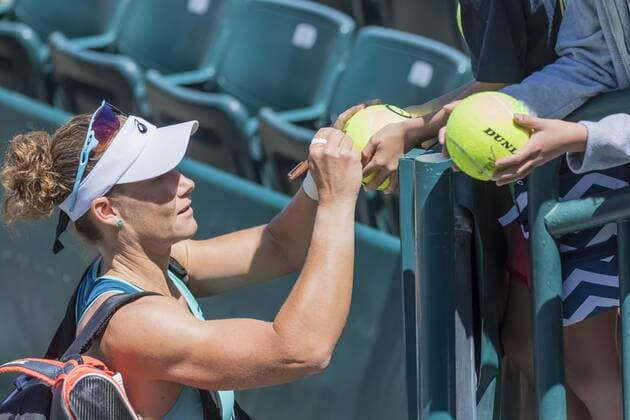 April 5, 2016 - Charleston, SC, U.S. - Charleston, SC - Apr 05, 2016: Samantha Stosur (AUS) 10 is all smiles after winning her match against Q Aleksandra Krunic (SRB) during the Volvo Car Open at the Family Circle Tennis Center in Charleston, SC. Tennis 2016: WTA Tennis Damen Volvo Car Open Apr 05 - ZUMAa55_