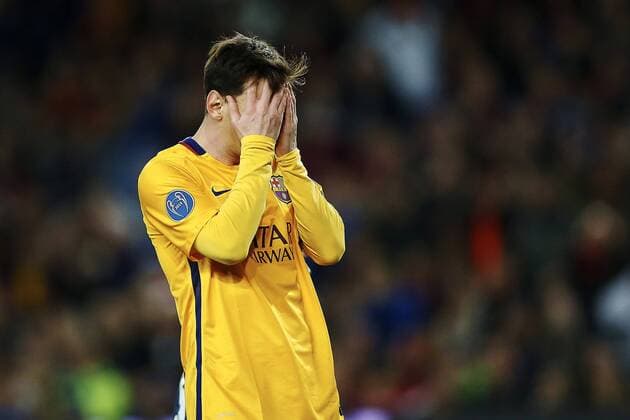 Fußball, Champions League, Viertelfinale, FC Barcelona - Atletico Madrid FC Barcelona Barca Argentinian forward Leo Messi reacts during a Champions league quarter final first leg match held at Camp Nou stadium in Barcelona, Catalonia, Spain, 5 April 2016. FC BARCELONA VS ATLETICO DE MADRID !ACHTUNG: NUR REDAKTIONELLE NUTZUNG!  BCN023 20160405-635954909320126097