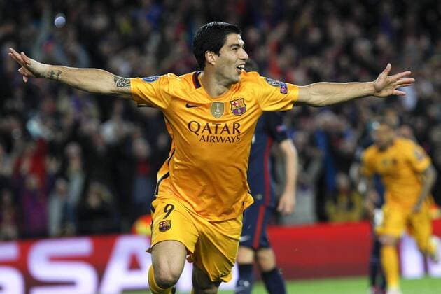 FC Barcelona Barca Uruguayan forward Luis Suarez celebrates his second goal before Atletico de Madrid during a Champions league quarter final first leg match held at Camp Nou stadium in Barcelona, Catalonia, Spain, 5 April 2016. FC BARCELONA VS ATLETICO DE MADRID !ACHTUNG: NUR REDAKTIONELLE NUTZUNG!  BCN033 20160405-635954925481072097