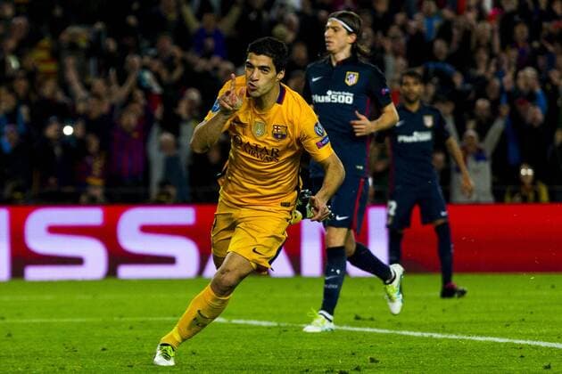 Bilder des Tages - SPORT 05.04.2016, xslx, Fussball UEFA Champions League, FC Barcelona Barca - Atletico Madrid, emspor, v.l. Luis Suarez (FC Barcelona) Jubelt nach dem Tor zum 2-1