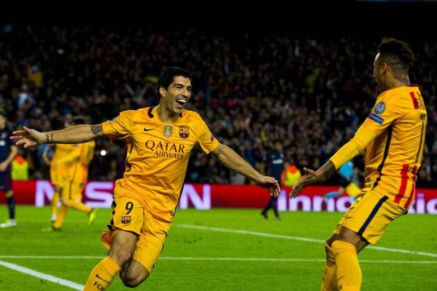 05.04.2016, xslx, Fussball UEFA Champions League, FC Barcelona Barca - Atletico Madrid, emspor, v.l. Luis Suarez (FC Barcelona) Jubelt nach dem Tor zum 2-1 mit Neymar da Silva Jr (FC Barcelona)
