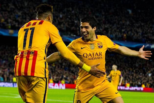 05.04.2016, xslx, Fussball UEFA Champions League, FC Barcelona Barca - Atletico Madrid, emspor, v.l. Luis Suarez (FC Barcelona) Jubelt nach dem Tor zum 2-1 mit Neymar da Silva Jr (FC Barcelona)
