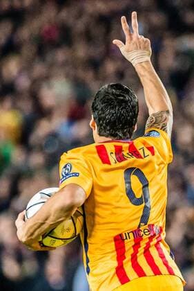 April 5, 2016 - Barcelona, Catalonia, Spain - FC Barcelona Barca forward SUAREZ celebrates his first goal during the first leg of the Champions League quarter-final between FC Barcelona and Atletico Madrid at the Camp Nou stadium in Barcelona FC Barcelona 2:1 Atletico Madrid - Champions League Quarter Final - ZUMAo105