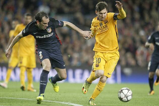 FC Barcelona Barca s Leo Messi (r) and Atletico de Madrid s Diego Godin during Champions League 2015 2016 match. April 5,2016.  (2016040573)