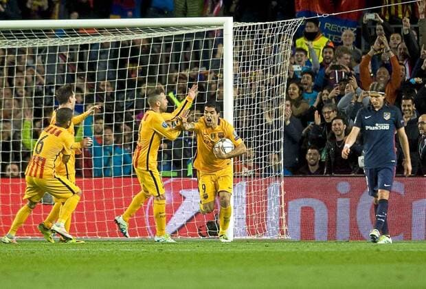 First leg of 1 4 Champions League 2015 2016 match between FC Barcelona Barca and Atletico Madrid. In this picture, Luis Suarez celebrates his second goal. xPACOxLARGOx 