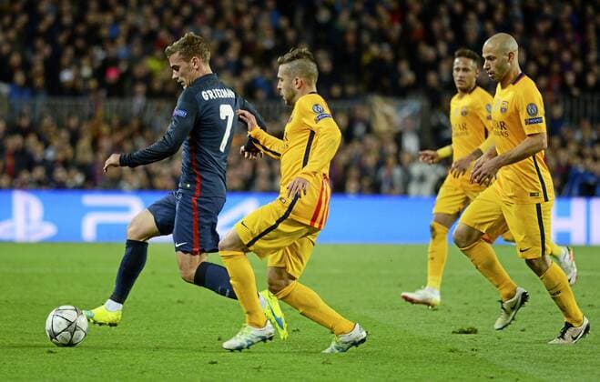 First leg of 1 4 Champions League 2015 2016 match between FC Barcelona Barca and Atletico Madrid. In this picture, Antoine Griezmann and Jordi Alba. xADRIANxQUIROGAx 
