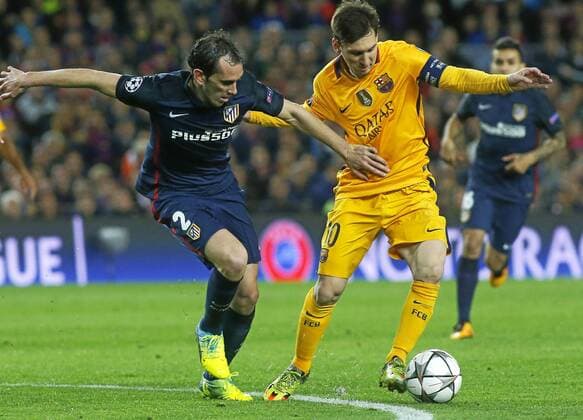 First leg of 1 4 Champions League 2015 2016 match between FC Barcelona Barca and Atletico Madrid. In this picture, Diego Godin and Lionel Messi. xFRANCESCxADELANTADOx 