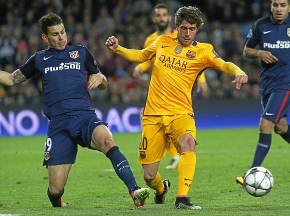 First leg of 1 4 Champions League 2015 2016 match between FC Barcelona Barca and Atletico Madrid. In this picture, Lucas and Sergi Roberto. xFRANCESCxADELANTADOx 