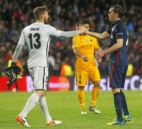 First leg of 1 4 Champions League 2015 2016 match between FC Barcelona Barca and Atletico Madrid. In this picture, Jan Oblak and Diego Godin. xFRANCESCxADELANTADOx 