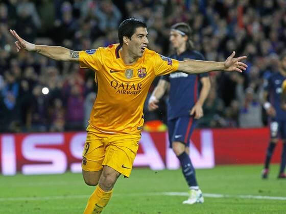 First leg of 1 4 Champions League 2015 2016 match between FC Barcelona Barca and Atletico Madrid. In this picture, Luis Suarez celebrates his first goal. xFRANCESCxADELANTADOx 