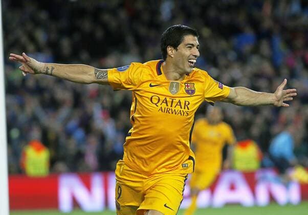 First leg of 1 4 Champions League 2015 2016 match between FC Barcelona Barca and Atletico Madrid. In this picture, Luis Suarez celebrates his first goal. xFRANCESCxADELANTADOx 