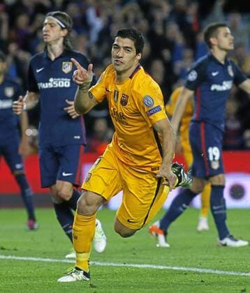 First leg of 1 4 Champions League 2015 2016 match between FC Barcelona Barca and Atletico Madrid. In this picture, Luis Suarez celebrates his first goal. xFRANCESCxADELANTADOx 