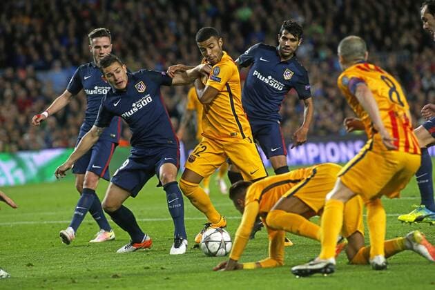 First leg of 1 4 Champions League 2015 2016 match between FC Barcelona Barca and Atletico Madrid. In this picture, Lucas and Rafinha. . xFRANCESCxADELANTADOx 