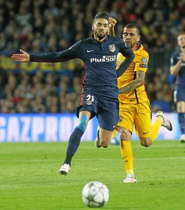 First leg of 1 4 Champions League 2015 2016 match between FC Barcelona Barca and Atletico Madrid. In this picture, Carrasco and Alves. xFRANCESCxADELANTADOx 