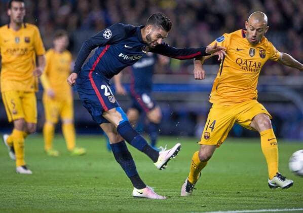 First leg of 1 4 Champions League 2015 2016 match between FC Barcelona Barca and Atletico Madrid. In this picture, Carrasco and Mascherano. xPACOxLARGOx 