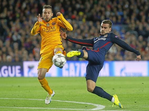 First leg of 1 4 Champions League 2015 2016 match between FC Barcelona Barca and Atletico Madrid. In this picture, Antoine Griezmann and Jordi Alba. xFRANCESCxADELANTADOx 